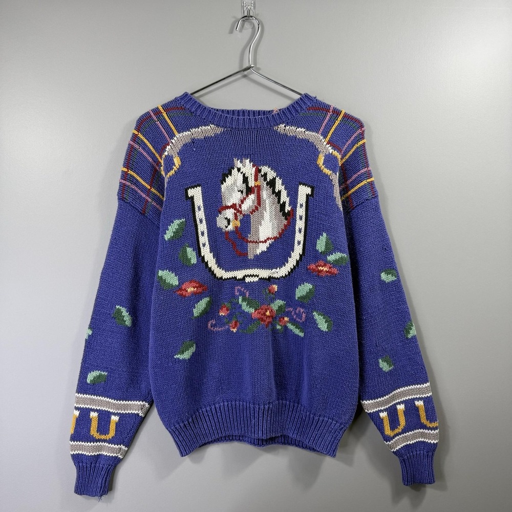 Vintage Miller's Sweater Womens Medium Purple Horse Western Knit Pullover Top